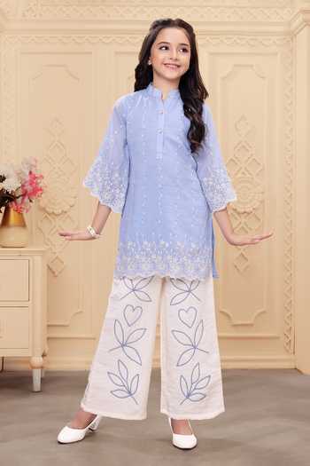 Buy_Mini Stitch_Blue Rayon Embroidery Kurta With Palazzo _at_Aza_Fashions