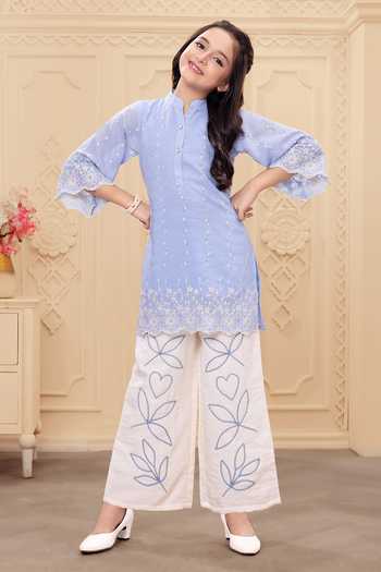 Buy_Mini Stitch_Blue Rayon Embroidery Kurta With Palazzo 