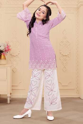 Mini Stitch_Pink Rayon Embroidery Thread Work Kurta And Palazzo Set _Online_at_Aza_Fashions