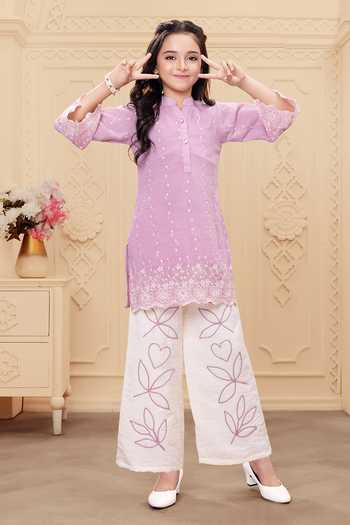 Buy_Mini Stitch_Pink Rayon Embroidery Thread Work Kurta And Palazzo Set _Online_at_Aza_Fashions