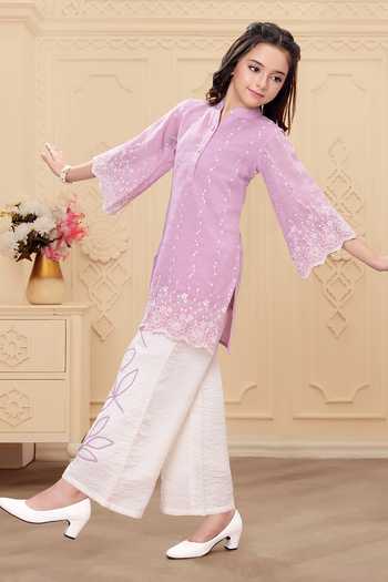 Shop_Mini Stitch_Pink Rayon Embroidery Thread Work Kurta And Palazzo Set 