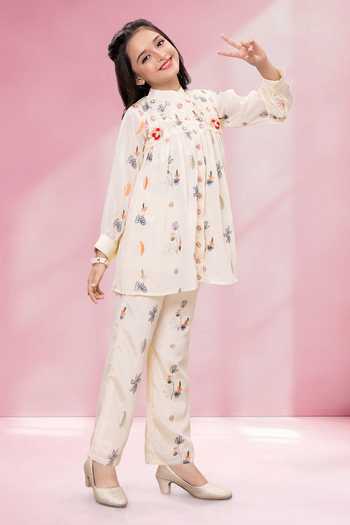 Shop_Mini Stitch_Cream Rayon Embroidery Kurta And Palazzo Set 