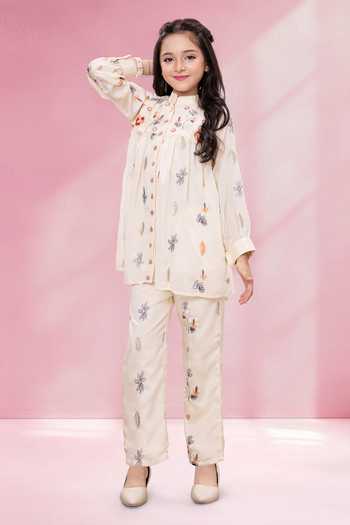 Mini Stitch_Cream Rayon Embroidery Kurta And Palazzo Set _Online