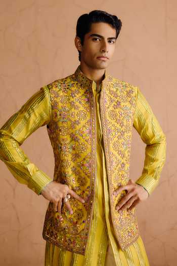 Shop_Amaare_Yellow Silk, Chanderi Sequins, Kanvraj Hand Embroidered Raw Bundi And Kurta Set _Online_at_Aza_Fashions