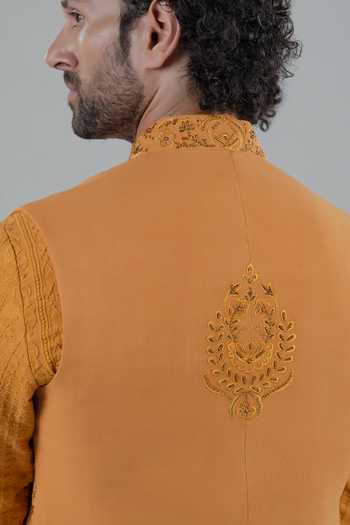Shop_Punit Arora_Mustard Silk, Modal Embroidery Floral Long Bundi And Kurta Set _at_Aza_Fashions