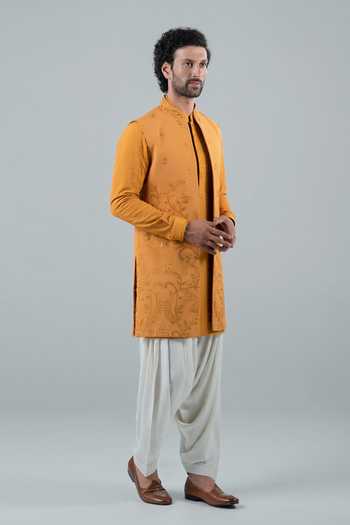 Punit Arora_Mustard Silk, Modal Embroidery Floral Long Bundi And Kurta Set _Online