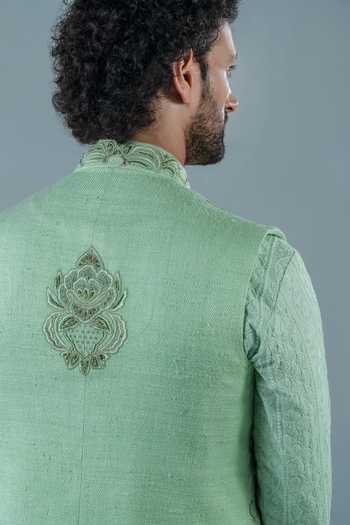 Shop_Punit Arora_Mint Silk, Modal Embroidery Bundi And Kurta Set _at_Aza_Fashions