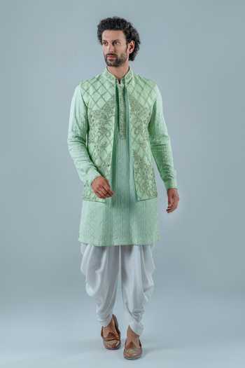 Punit Arora_Mint Silk, Modal Embroidery Bundi And Kurta Set _Online