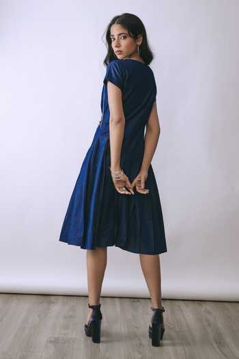 Shop_Babita M_Blue Denim V-neck Deep Indigo Chain Hook Dress _at_Aza_Fashions