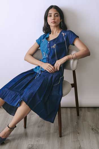 Babita M_Blue Denim V-neck Deep Indigo Chain Hook Dress _Online_at_Aza_Fashions
