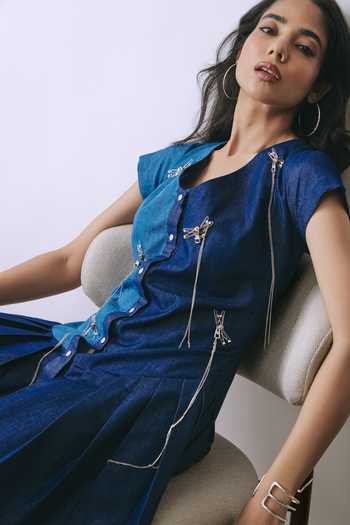 Shop_Babita M_Blue Denim V-neck Deep Indigo Chain Hook Dress _Online_at_Aza_Fashions