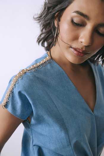 Babita M_Blue Denim V-neck Ice Veil Wrap Top And Pant Co-ord Set _Online_at_Aza_Fashions