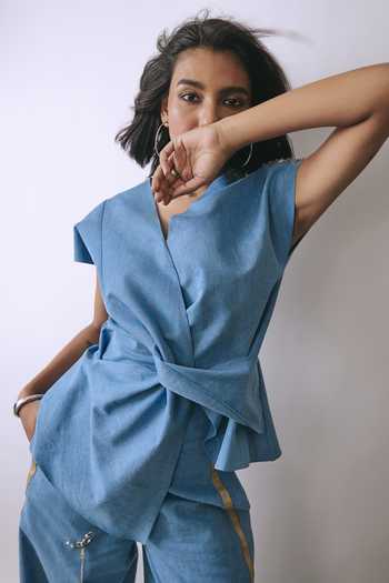 Buy_Babita M_Blue Denim V-neck Ice Veil Wrap Top And Pant Co-ord Set _Online_at_Aza_Fashions