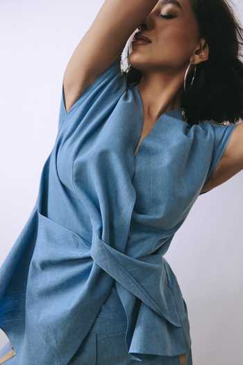 Shop_Babita M_Blue Denim V-neck Ice Veil Wrap Top And Pant Co-ord Set _Online_at_Aza_Fashions