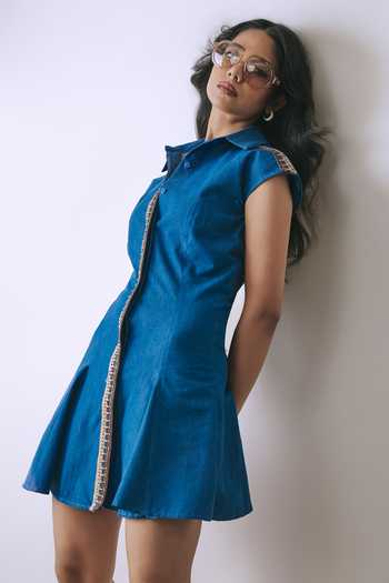 Buy_Babita M_Blue Denim Collared Neck Modern Muse Hook Shirt Dress _Online_at_Aza_Fashions
