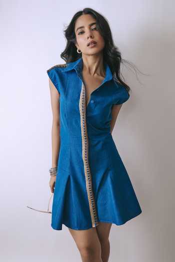 Shop_Babita M_Blue Denim Collared Neck Modern Muse Hook Shirt Dress _Online_at_Aza_Fashions