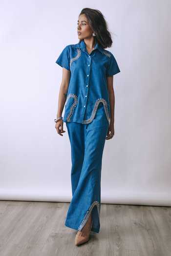 Buy_Babita M_Blue Denim Collared Neck Riviera Flux Pin Shirt And Pant Co-ord Set _at_Aza_Fashions