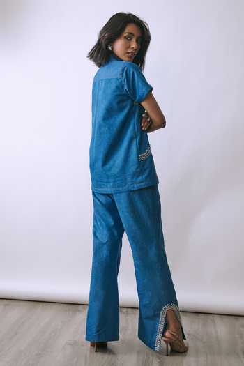 Shop_Babita M_Blue Denim Collared Neck Riviera Flux Pin Shirt And Pant Co-ord Set _at_Aza_Fashions