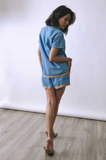 Shop_BABITA M_Blue Denim Collared Neck Ice Link Hook Embellished Shorts Set _at_Aza_Fashions
