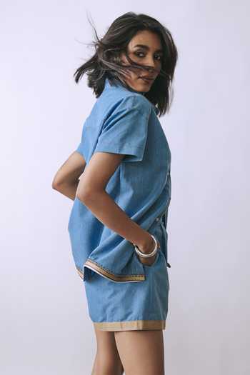 BABITA M_Blue Denim Collared Neck Ice Link Hook Embellished Shorts Set _Online_at_Aza_Fashions