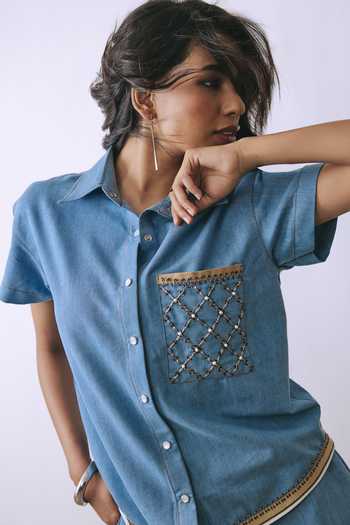BABITA M_Blue Denim Collared Neck Ice Link Hook Embellished Shorts Set _at_Aza_Fashions