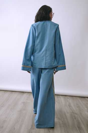 Shop_Babita M_Blue Denim Collared Neck Alloy Chain Embellished Shirt And Pant Co-ord Set _at_Aza_Fashions