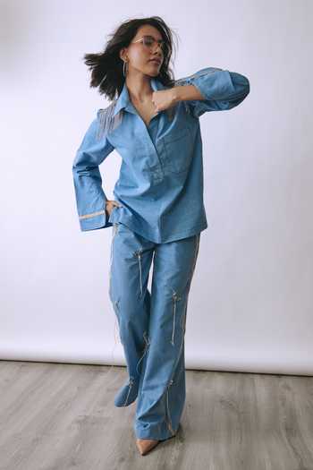 Babita M_Blue Denim Collared Neck Alloy Chain Embellished Shirt And Pant Co-ord Set _Online_at_Aza_Fashions