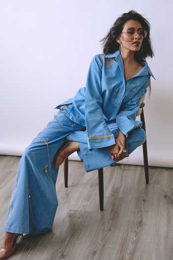 Buy_Babita M_Blue Denim Collared Neck Alloy Chain Embellished Shirt And Pant Co-ord Set _Online_at_Aza_Fashions