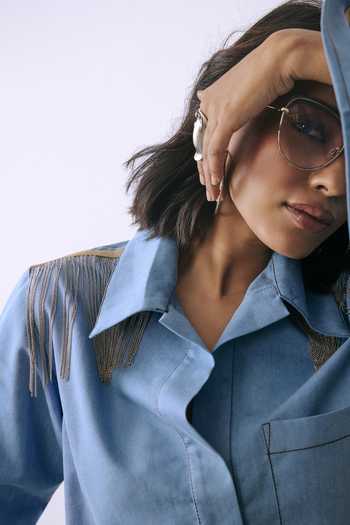 Shop_Babita M_Blue Denim Collared Neck Alloy Chain Embellished Shirt And Pant Co-ord Set _Online_at_Aza_Fashions