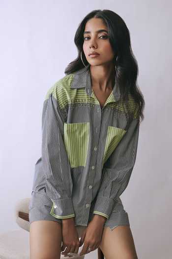 Babita M_Grey Cotton Collared Neck Lime Current Striped Shirt And Shorts Co-ord Set _Online_at_Aza_Fashions