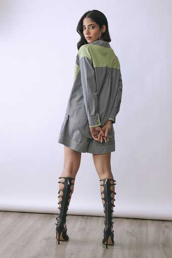 Shop_Babita M_Grey Cotton Collared Neck Lime Current Striped Shirt And Shorts Co-ord Set _at_Aza_Fashions