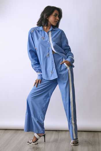 Buy_BABITA M_Blue Cotton Collared Neck Butterfly Static Pinned Shirt And Pant Co-ord Set _at_Aza_Fashions