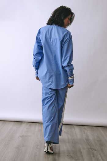 Shop_BABITA M_Blue Cotton Collared Neck Butterfly Static Pinned Shirt And Pant Co-ord Set _at_Aza_Fashions