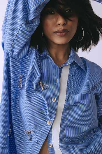 Buy_BABITA M_Blue Cotton Collared Neck Butterfly Static Pinned Shirt And Pant Co-ord Set _Online_at_Aza_Fashions