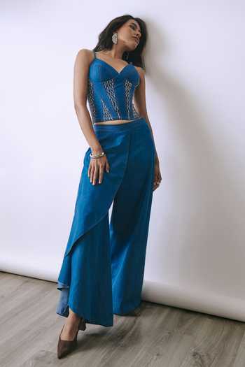 BABITA M_Blue Denim Pearls, Embroidery Asymmetric Drift Corset And Pant Co-ord Set _Online_at_Aza_Fashions