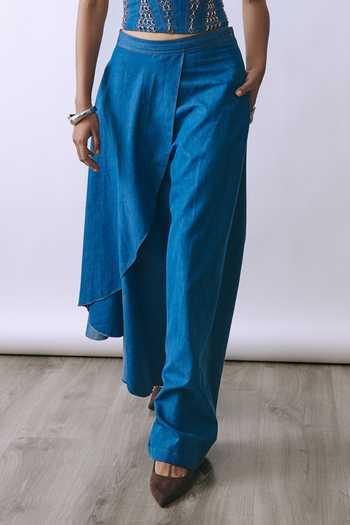 Buy_BABITA M_Blue Denim Pearls, Embroidery Asymmetric Drift Corset And Pant Co-ord Set _Online_at_Aza_Fashions