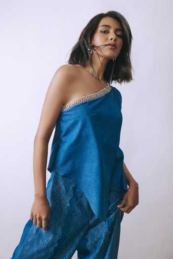 Buy_Babita M_Blue Indigo Cascade Denim Jumpsuit _Online_at_Aza_Fashions
