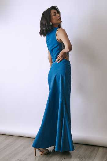 Shop_BABITA M_Blue Denim High Neck Eclipse Chain Crop Top And Skirt Set _at_Aza_Fashions