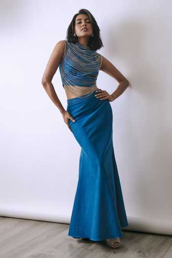 Buy_BABITA M_Blue Denim High Neck Eclipse Chain Crop Top And Skirt Set _at_Aza_Fashions