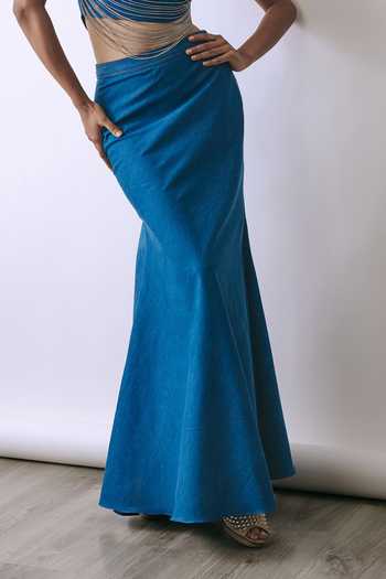 BABITA M_Blue Denim High Neck Eclipse Chain Crop Top And Skirt Set _Online_at_Aza_Fashions