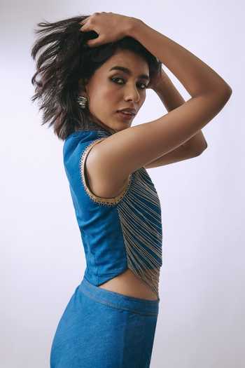 Buy_BABITA M_Blue Denim High Neck Eclipse Chain Crop Top And Skirt Set _Online_at_Aza_Fashions