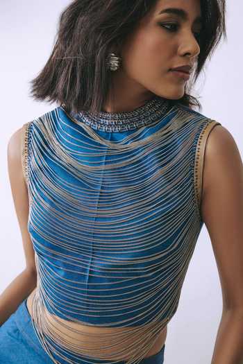 BABITA M_Blue Denim High Neck Eclipse Chain Crop Top And Skirt Set _at_Aza_Fashions