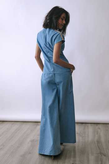 Shop_Babita M_Blue Denim V-neck Ice Veil Wrap Top And Pant Co-ord Set _at_Aza_Fashions