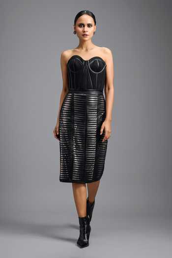 Buy_Deepika Arora_Black Leather Stripe Skirt _Online_at_Aza_Fashions