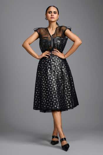 Buy_Deepika Arora_Black Leather Geometric Cutwork Skirt _at_Aza_Fashions