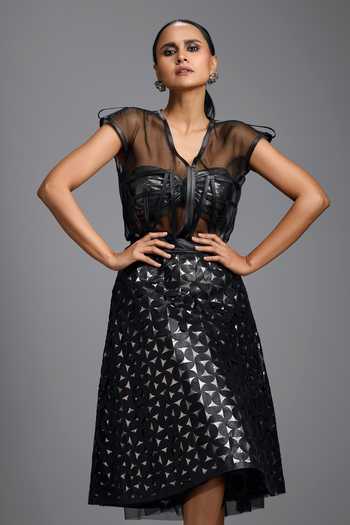 Shop_Deepika Arora_Black Leather Geometric Cutwork Skirt _Online_at_Aza_Fashions