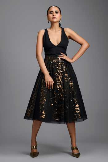 Shop_Deepika Arora_Black Leather Geometric Cutwork Skirt _Online_at_Aza_Fashions