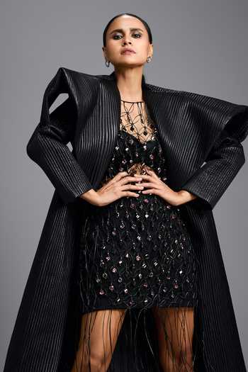 Deepika Arora_Black Georgette Bandeau , Shawl Structured Jacket And Skirt Set _at_Aza_Fashions