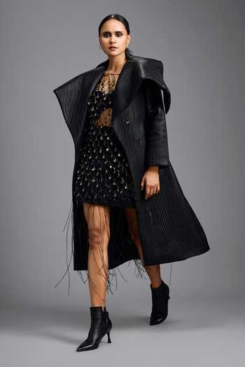 Buy_Deepika Arora_Black Georgette Bandeau , Shawl Structured Jacket And Skirt Set 