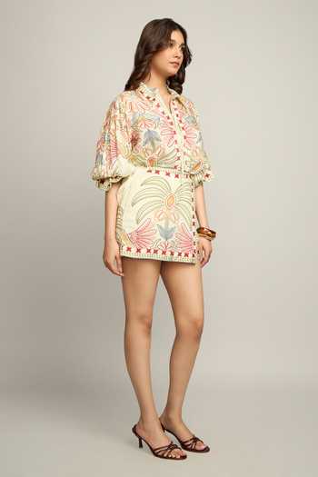 Buy_Poppi_Multi Color Silk, Crepe, Bemberg Collared Neck Floral Print Shirt And Skorts Set _Online_at_Aza_Fashions
